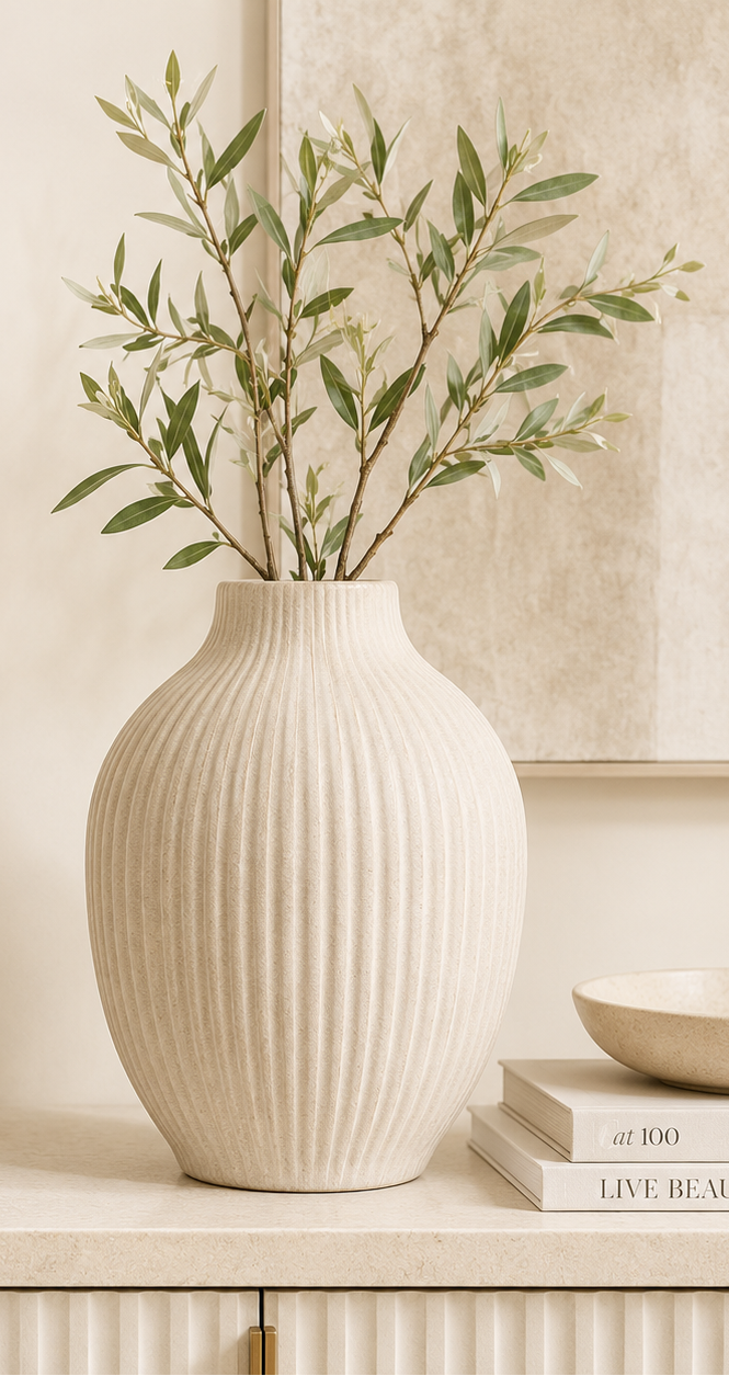 Qavlune™ Oria Ribbed Ceramic Vase – Sculptural Neutral Flower Vase for Shelf & Table Décor