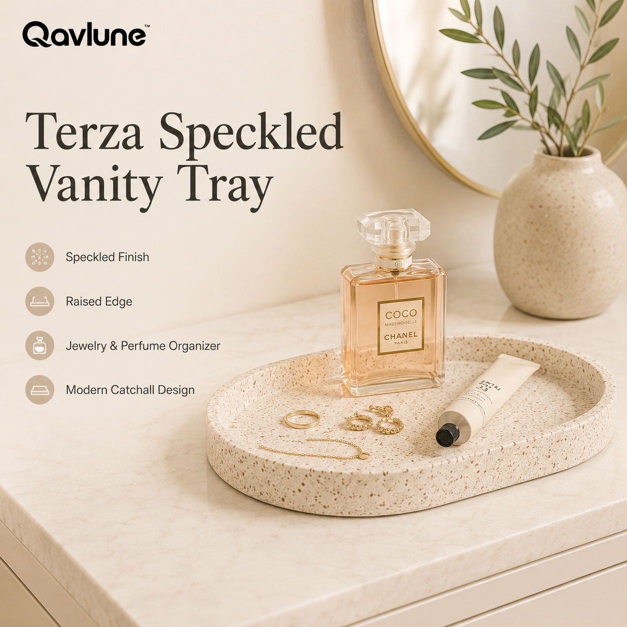 Qavlune™ Terza Speckled Vanity Tray – Modern Catchall Organizer for Jewelry, Perfume & Keys