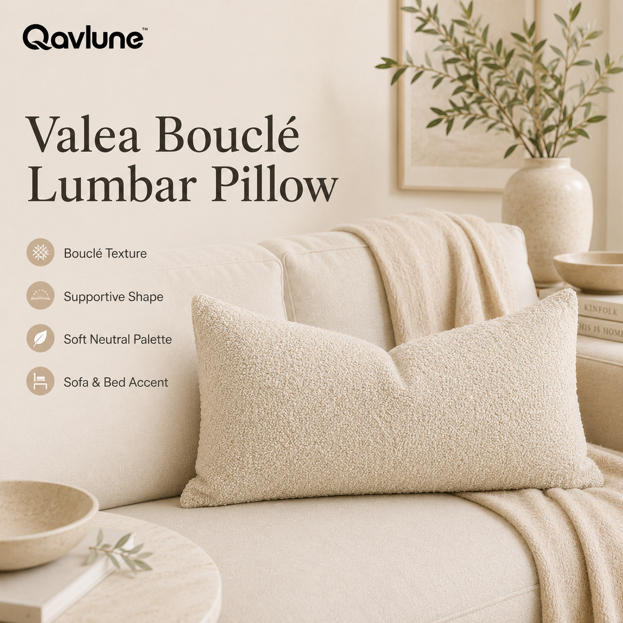 Qavlune™ Valea Bouclé Lumbar Pillow – Textured Neutral Accent Cushion