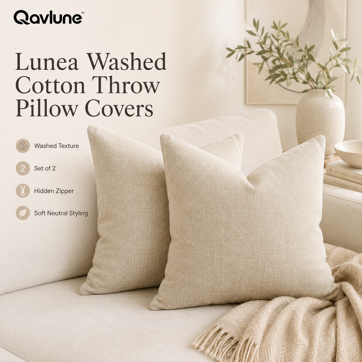 Qavlune™ Lunea Washed Cotton Throw Pillow Covers – Set of 2 Neutral Decorative Cushion Covers