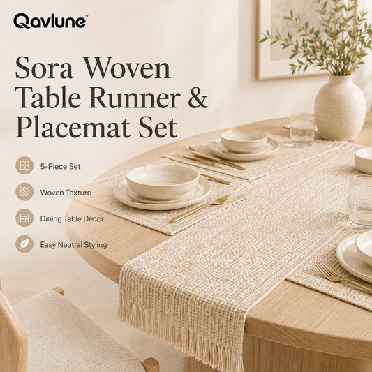 Qavlune™ Sora Woven Table Runner & Placemat Set – Neutral 5-Piece Dining Table Décor