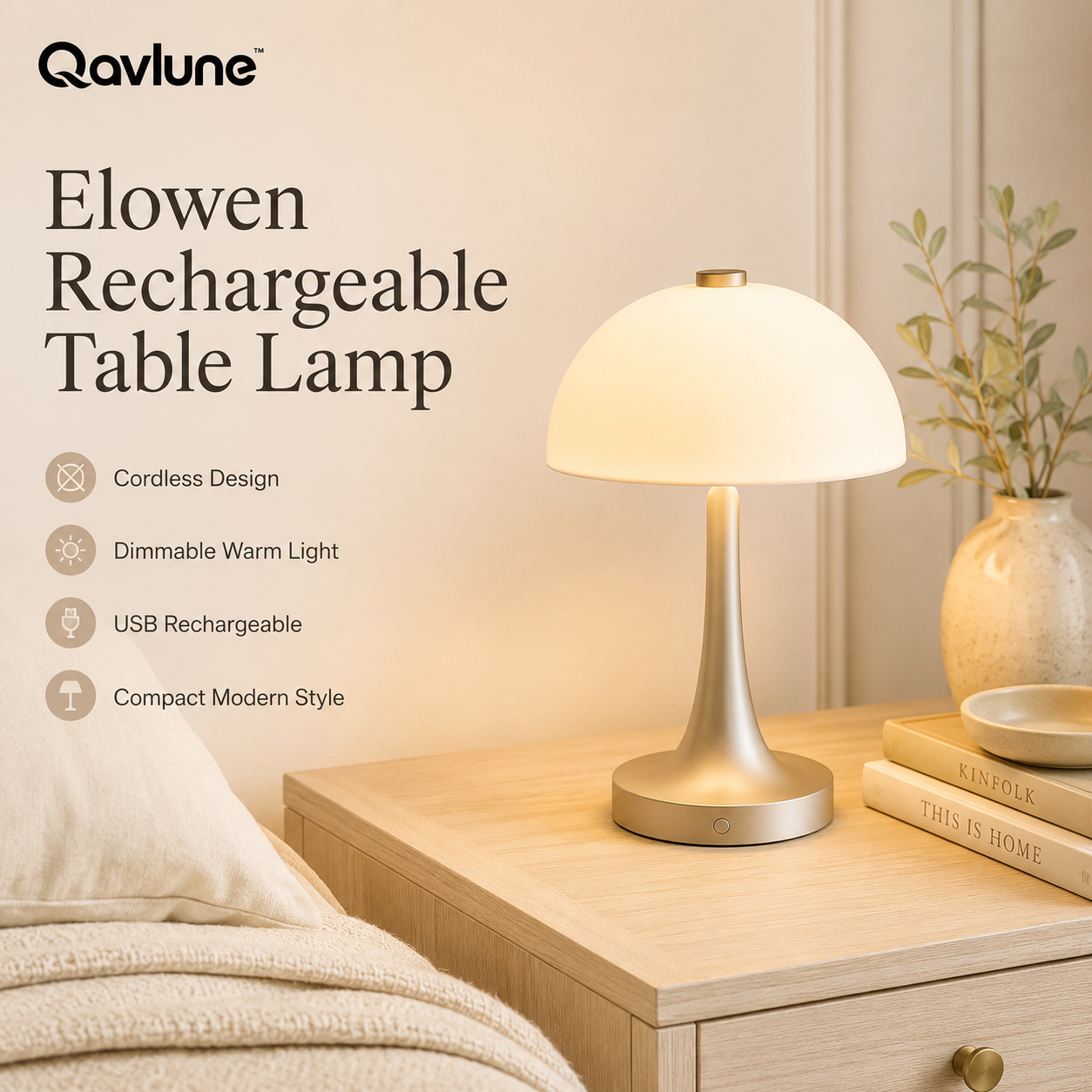 Qavlune™ Elowen Rechargeable Table Lamp – Cordless Dimmable Ambient Lamp