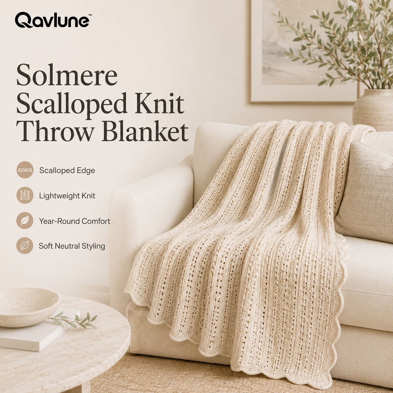 Qavlune™ Solmere Scalloped Knit Throw Blanket – Lightweight Textured Sofa Blanket