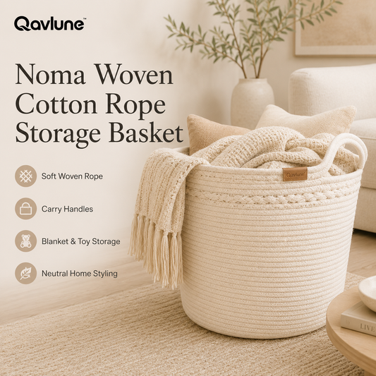 Qavlune™ Noma Woven Cotton Rope Storage Basket – Decorative Organizer for Blankets & Toys
