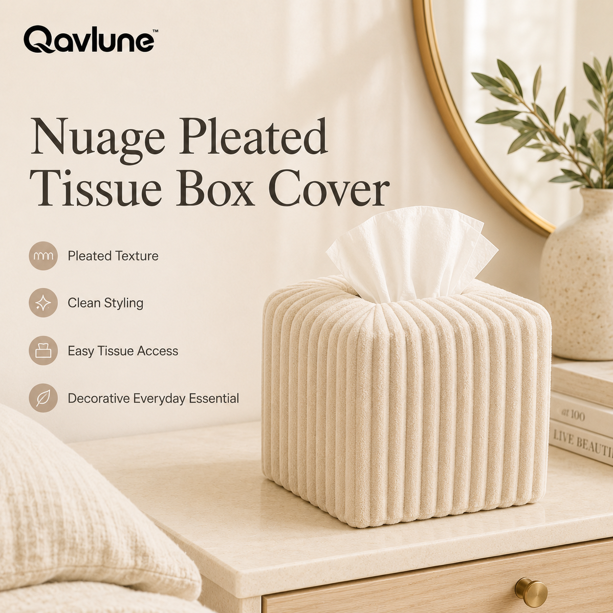 Qavlune™ Nuage Pleated Tissue Box Cover – Minimal Square Tissue Holder